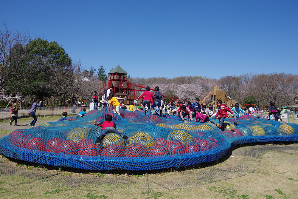 大きなボールが集まった上で子どもが飛び跳ねている画像